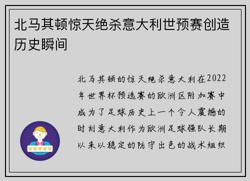 北马其顿惊天绝杀意大利世预赛创造历史瞬间